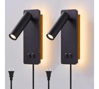 LED Wall lamp and Reading Light Two-in-one Multifunctional Wall sconces. LED Wall Lamp Plug in for Bedroom Bedside Wall Sconces Set of Two Black Reading Light 3W+6W Night Light 3000K(Black)