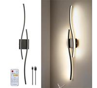 LED Wall Lamp USB Rechargeable with Remote Control Wall Sconce Indoor Dimmable Wireless Magnetic Wall Light Battery Operated with Timer Function Wall Lighting Wave Design for Bedroom (Black,2 Packs)