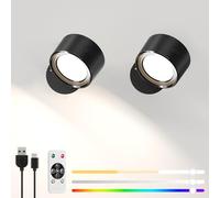 LED Wall Lights with Remote, 2 Pcs Rechargeable RGB Wall Mounted Reading Sconces Lamp 3000mAh, 3 Colors & Dimmable Magnetic 360° Rotation Wall Lighting Spotlights for Bedroom Bedside