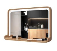 LED Wall-Mounted Makeup Mirror with Solid Wood e 50CMx70CM Square Horizontal/Vertical Illuminated Cosmetic Mirror with Shelf - Perfect for Bathroom Vanity