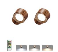 LED Wall Reading Lights with Remote, 2 Pcs Rechargeable Wall Mounted Reading Sconces Lamp 3000mAh, 3 Colors & Dimmable Magnetic 360° Rotation Wall Lighting Spotlights for Bedroom Bedside, Woodgrain
