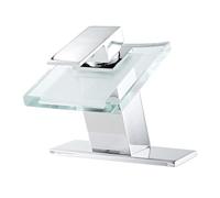 LED Waterfall Bathroom Faucet with Color Changing Spout and Overflow Drain Stopper, Battery Powered Deck Mount Sink Fixture for Modern Vanities