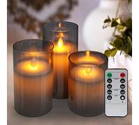 LED Wax Flameless Candles Grey Glass Flicker Flame Candle Pillars USB Rechargeable Set of 3 Remote Control WAX02