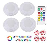 LED Wireless Under Cabinet Lights,Battery Powered Under Cupboards Kitchen Lights with Remote and Timer,Stick on Cupboard Light Battery Operated Push Light,13 Colors Changing Puck Light(4 Pack)