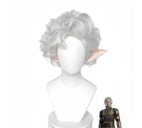 LEDABAO Baldur's Gate 3 Astarion Wig with Ear Cosplay Anime Game Party Silver Grey Curly Short Wig