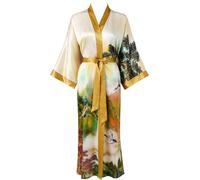 Ledamon Women's 100% Silk Kimono Long Robe - Classic Colors and Prints, Landscape-autumn, One Size