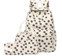 LEDAOU Backpack for Girls School Bag Kids Bookbag Teen Backpack Set Daypack with Lunch Bag and Pencil Case, Beige Black Flower, Modern