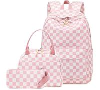 LEDAOU Backpack for Girls School Bag Kids Bookbag Teen Backpack Set Daypack with Lunch Bag and Pencil Case, Grid - Pink and White, 17.3 x 11.8 x 5.5 inches, Girls Bckpack With Lunch Box