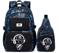 LEDAOU Children's School Backpack School Bag Boys Girls Teenager Backpack School with Lunch Bag Preschool Primary School, Graffiti Blue, M