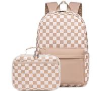 LEDAOU Girls Boys Backpack with Lunch Box Set, 16" Kids School Backpack for Preschool Kindergarten Elementary, Checked - Brown White, M, Backpack With Lunch Bag