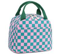 LEDAOU Insulated Lunch Box Women Reusable Lunch Bag Cord Lunch Tote Handbags Leakproof Thermal Cooler Lunch Case Large Capacity (Pink Green Grid)
