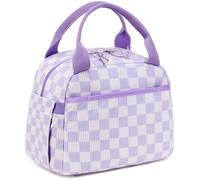 LEDAOU Insulated Lunch Box Women Reusable Lunch Bag Cord Lunch Tote Handbags Leakproof Thermal Cooler Lunch Case Large Capacity (Purple-White Grid)