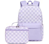 LEDAOU Kids School Backpack with Lunch Box for Boy Girl Toddler BookBag School Bag Preschool Kindergarten Backpack, Checkered Purple, M, School Backpack With Lunch Box