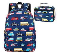 LEDAOU Kids School Backpack with Lunch Box for Boy Girl Toddler BookBag School Bag Preschool Kindergarten Backpack, Car Airplane Pattern-navy, L, Kids Backpack