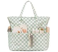 LEDAOU Large Beach Bag with Zip Women's Waterproof Shoulder Bag Tote Bag Shopper Sandproof with Zip Pool Fitness Travel Bag Family, Green grid pattern, 28