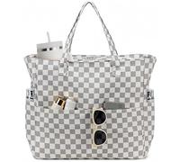 LEDAOU Large Beach Bag with Zip Women's Waterproof Shoulder Bag Tote Bag Shopper Sandproof with Zip Pool Fitness Travel Bag Family, Grey and white grid, 37 cm x 20 cm x 45 cm