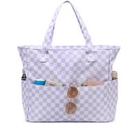 LEDAOU Large Beach Bag with Zip Women's Waterproof Shoulder Bag Tote Bag Shopper Sandproof with Zip Pool Fitness Travel Bag Family, Purple chequered, 37 cm x 2E+1 cm x 45 cm