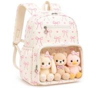 LEDAOU Toddler Backpack for Girls Boys 2-4, Cute 12" Preschool Kindergarten Kids Backpack Small Diaper Bag with Clear Pocket, Big Bow Love - Beige, Kids-15"H（Fit A4 Folder ）