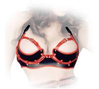 Ledapol - Real Leather Harness Strap Halter Bra Open Black-Red