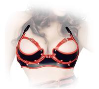 Ledapol - Real Leather Harness Strap Halter Bra Open Black-Red
