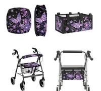 LedBack Purple Walker Accessories 3 Piece Set Rollator Walker Seat and Backrest Covers, Butterfly Floral Storage Bags Rollator Seat Cushion Covers for Seniors