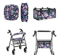 LedBack Walker Accessories 3 Piece Set Rollator Walker Seat and Backrest Covers Floral Leaves Storage Bags Rollator Seat Cushion Covers for Seniors