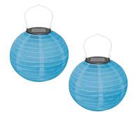 Ledeak 2 Pcs Solar Lantern, Round Ceiling Polyester Light Shade Lantern with Solar Rechargeable LED Lights, 20 cm Chinese Oriental Style Lamp Shade Lantern for Outdoor Garden Festival Decor (Blue)