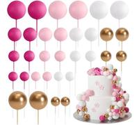 Ledeak 32 Pcs Ball Cake Topper Decorations, Round Ball Cake Decorations Set Foam Ballon Cake Decorations, Insert Cake Topper for Wedding Party Birthday Cake Decorating (Rose, Pink, White, Gold)