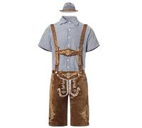 Lederhosen Men's Costume Set, Lederhosen with Straps, Short Traditional Trousers, Brown with Embroidery, Elegant and Comfortable Traditional Trousers with Shirt and Hat, Traditional Leather Trousers
