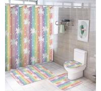 LEDFCVSU Bathroom Mat Set 4 Piece, Unicorn Pattern Rainbow Shower Curtain with Non-Slip Bath Mats for Bathroom