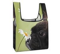 LEDFCVSU Foldable Shopping Bag, Dog Pattern Pug Flower Reusable Grocery Bag, Washable Tote Bag for Daily Use Travel Bags