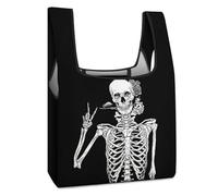 LEDFCVSU Foldable Shopping Bag, Funny Rock And Roll Skeleton Skull Reusable Grocery Bag, Washable Tote Bag for Daily Use Travel Bags