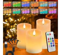 LEDHOLYT Flameless Candle RGB Set, Flickering LED Pillar Real Wax Candle with Remote Control and Timer, Upgraded Blue Flame Heart, Built-in Battery Rechargeable Flameless Candle, 1 Set of 3