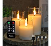 LEDHOLYT Rechargeable Flameless Candle, Flashing LED Pillar Real Wax Candle with Remote Control and Timer, Upgraded Teardrop Wick, Clear Glass Electronic Candles, 1 Set of 3