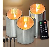 LEDHOLYT Rechargeable Flameless Candle, Flickering LED Pillar Glass Fake Candle with Remote and Timer, Built-in Battery Real Wax Electronic Candle for Room Decoration, Set of 3
