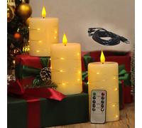 LEDHOLYT Rechargeable Flameless Candle, Flickering LED Pillar Real Wax Candle with Fairy Lights, Remote Control and Timer, Upgraded Teardrop Wick, Built-in Battery Electronic Candle, Set of 3