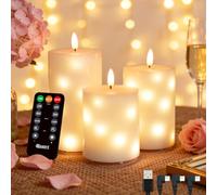 LEDHOLYT Rechargeable Flameless Flickering LED Pillar Real Wax Electronic Candle with Remote Control and Timer, USB Rechargeable White Glass, Set of 3