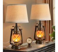 LEDIARY 18.72" LED Vintage Lantern Flickering Flame Table Lamps for Bedrooms Set of 2, Small Farmhouse Rustic Vintage End Table Lamps, Halloween Decorative Lantern Bedside Lamps for Living Room