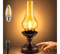 LEDIKON Touch Control Vintage Table Lamp | 3-Way Dimmable Rustic Retro Farmhouse Bedside Lamp with Amber Glass Shade and LED Bulb for Bedroom, Living Room, Cabin, Office