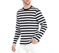 LEDING&BEST Men's T-Shirt Casual Cotton Spandex Striped Crewneck Long-Sleeve T-Shirts Basic Pullover Stripe Man tee Shirt, Multi Black/White, L