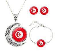LeDiYouGou Flag of the Republic of Tunisia Necklace Jewelry Set Convex Glass Bracelet Earrings Moon Necklace Set Tunisia Statement Ethnic Jewelry Gift,50cm