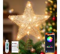 LEDLampsWorld Gold Christmas Star Tree Topper, 9" Smart LED Treetop Stars Glittered Christmas Light, App Control Xmas Decor 3D Metal Hollow Designed Star with Remote for Holiday