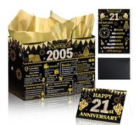 Lednica 21st Anniversary Paper Gift Bag, Back in 2005 Happy 21 Anniversary Wrap Gift Bag with Tissue Paper Poster Cards Envelope, Black Gold 21st Anniversary Party Supplies for Men Women,12"x9.5"x5.3"