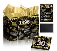 Lednica 30th Anniversary Party Gift Bag, 1966 Gift Bag with Tissue Papers Poster Envelope&Card, 30th Wedding Two-sided Anniversary Paper Gift Wrap Bags for Women Men Gold Wedding Party Supplies 12