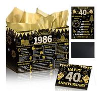 Lednica 40th Anniversary Party Gift Bag, 1986 Gift Bag with Tissue Papers Poster Envelope&Card, 40th Wedding Two-sided Anniversary Paper Gift Wrap Bags for Women Men Gold Wedding Party Supplies 12