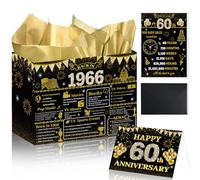 Lednica 60th Anniversary Party Gift Bag, 1966 Gift Bag with Tissue Papers Poster Envelope&Card, 60th Wedding Two-sided Anniversary Paper Gift Wrap Bags for Women Men Gold Wedding Party Supplies 12