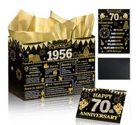 Lednica 70th Anniversary Party Gift Bag, 1956 Gift Bag with Tissue Papers Poster Envelope&Card, 70th Wedding Two-sided Anniversary Paper Gift Wrap Bags for Women Men Gold Wedding Party Supplies 12