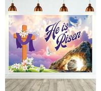 Lednica Easter Jesus He is Risen Backdrop Banner 71×43'' Christian Religious Decor with Cross, Dove, Lily, Luminous Cave Background for Church Home Party Supplies Christian Photo Booth Decorations