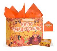 Lednica Large Happy Thanksgiving Gift Bags with Tissue Paper and Greeting Card, Fall Leaves, Pumpkins and Turkey Treat Favors Bags for Thanksgiving Day Autumn Harvest Party Supplies, 13.8"x9.5"x5.3"