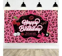 Lednica Pink Cheetah Birthday Backdrop, Y2k Cherry Leopard Happy Birthday Banners, Retro Decoration for Women Girls, Sweet Cool Photo Booth Props & Party Supplies, 71x43